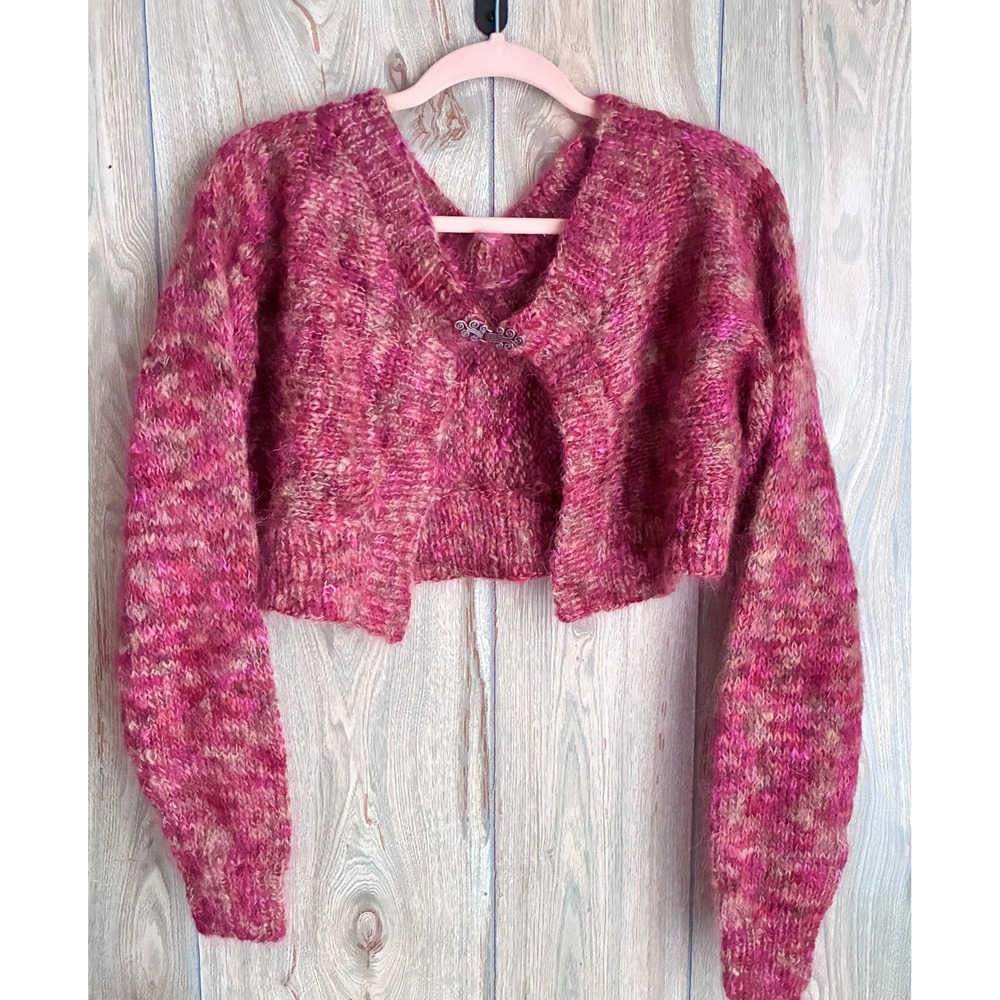 Hand Knit Pink & Beige Mohair Cropped Bolero Shrug Sweater S/M - Picture 8 of 10